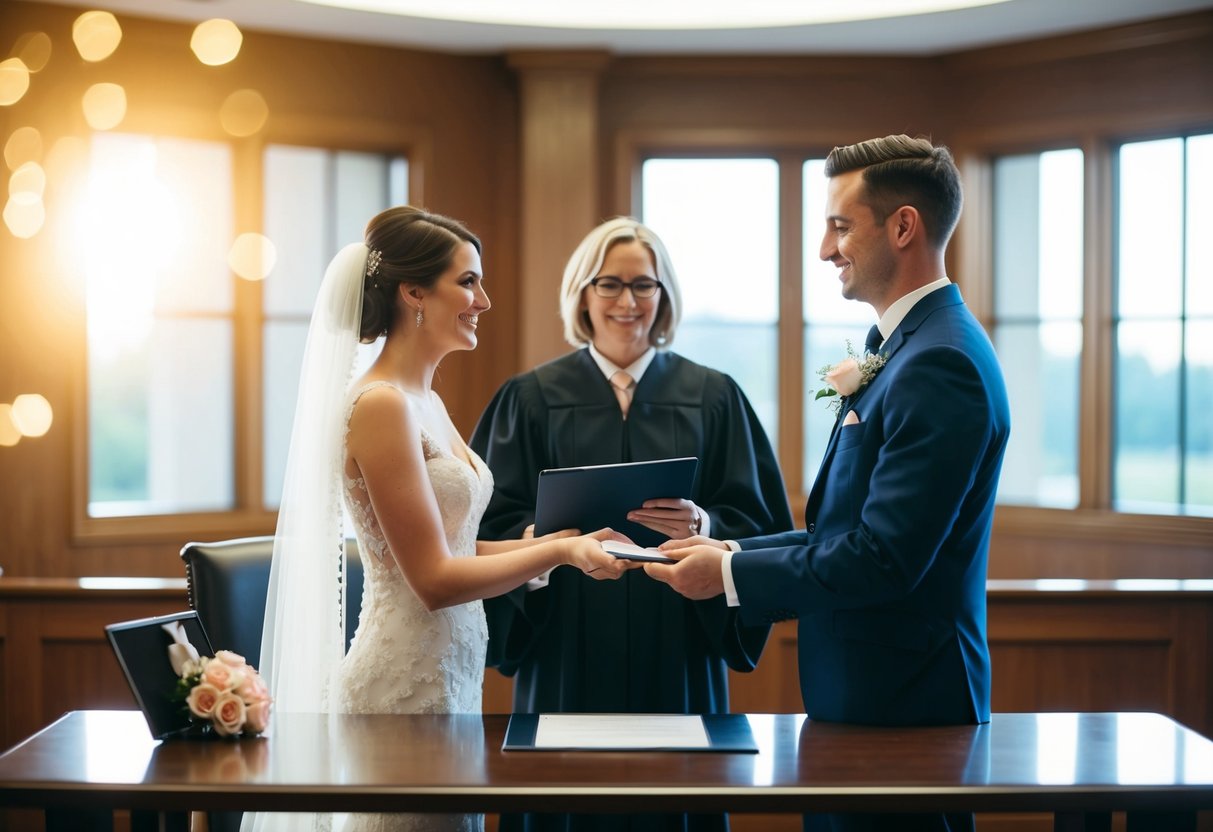 A bride and groom standing before a judge, exchanging wedding vows with a legal document on a table