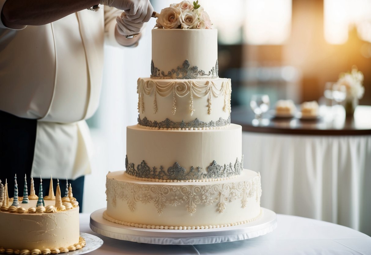 A grand wedding cake being meticulously decorated with intricate designs and ornate details, towering over a simple birthday cake