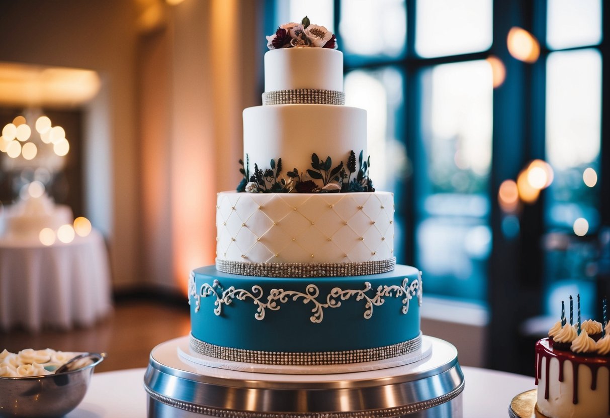 A wedding cake towering over a birthday cake, adorned with intricate personalized details and custom designs