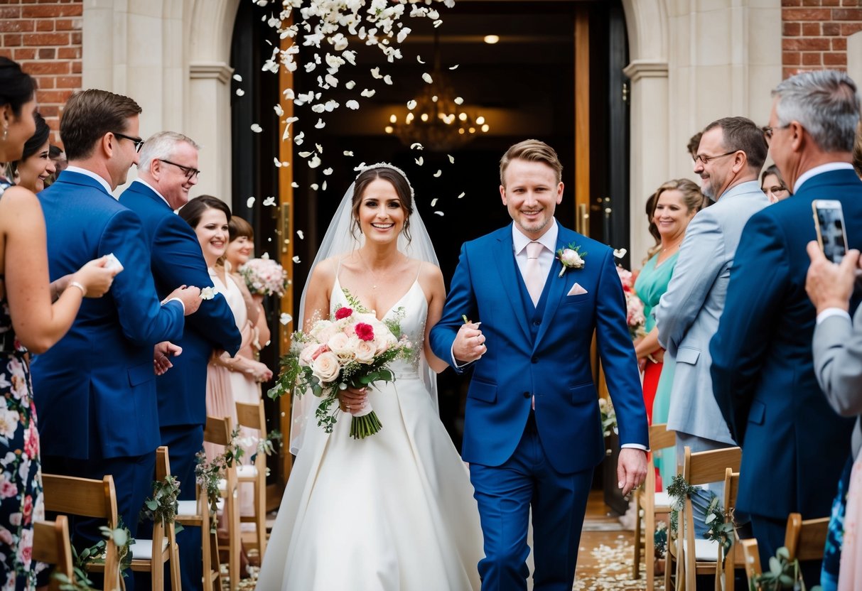 The bride and groom exit the ceremony under a shower of flower petals