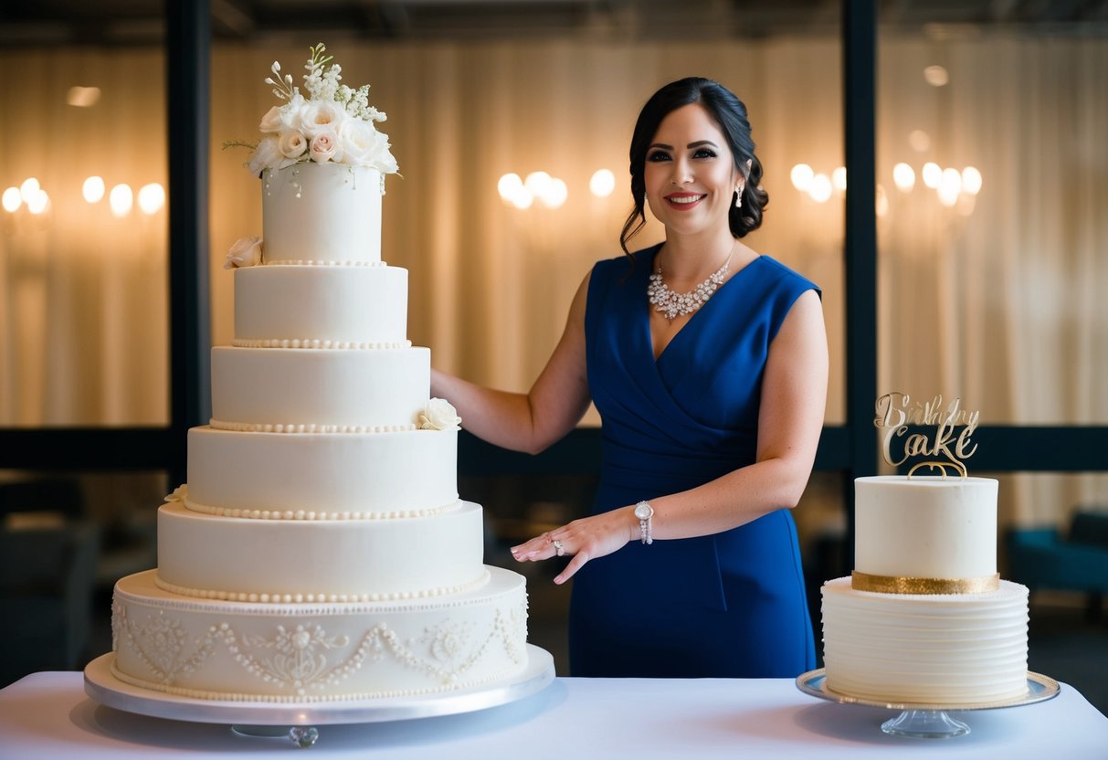 A wedding planner stands beside a towering wedding cake, adorned with intricate details and elegant decorations. Nearby, a simple birthday cake sits on a table, highlighting the stark contrast in size and complexity