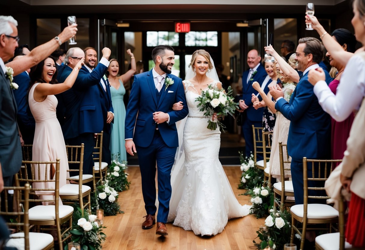 The bride and groom walk down the aisle, surrounded by cheering guests, as they make their way towards the exit of the ceremony venue