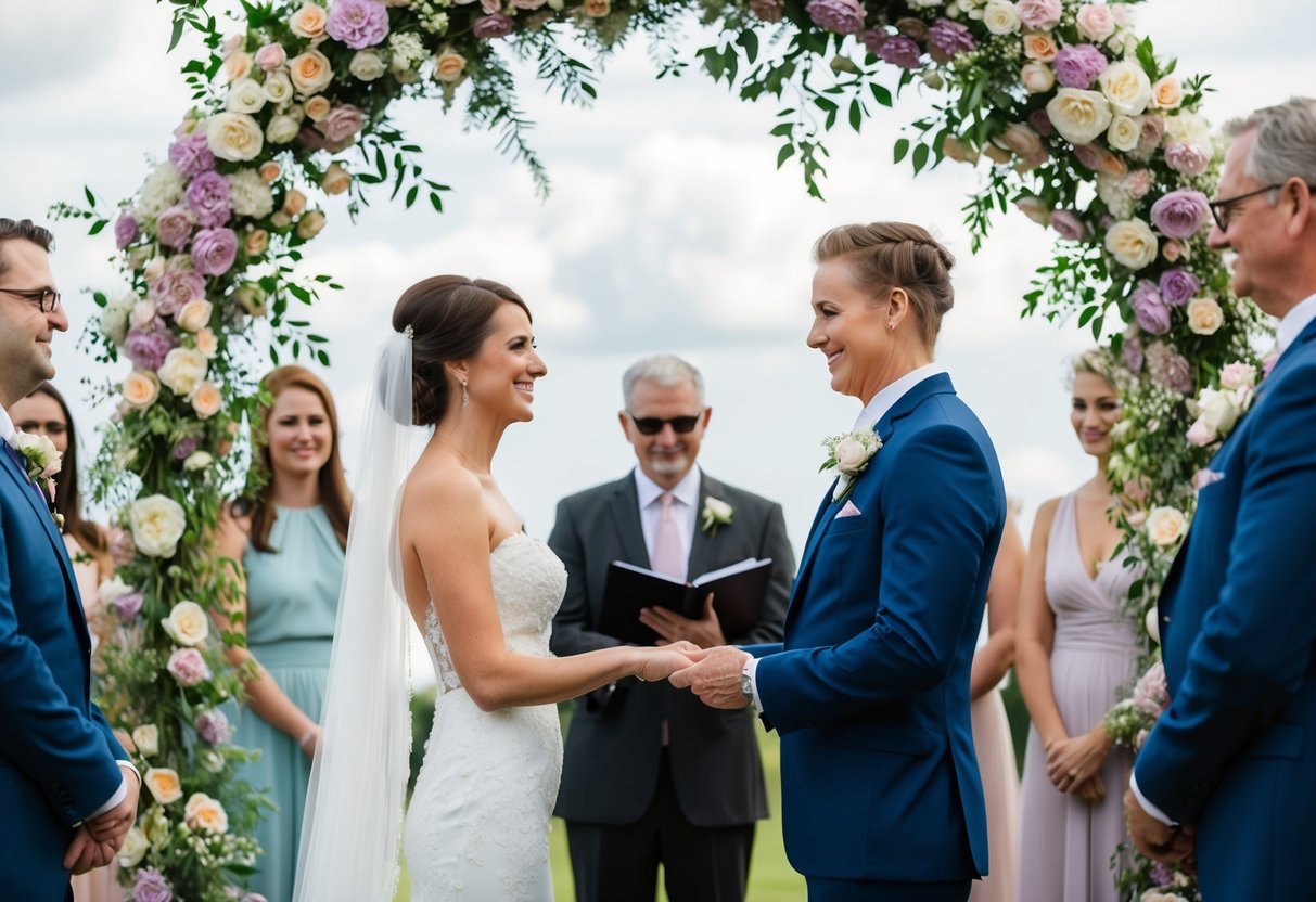 A bride and groom stand beneath a floral arch, exchanging vows as guests look on