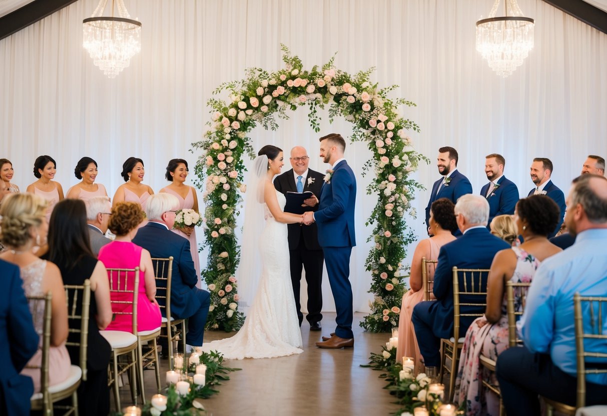 A couple standing beneath a floral arch exchanging vows with a crowd of guests seated in rows facing them