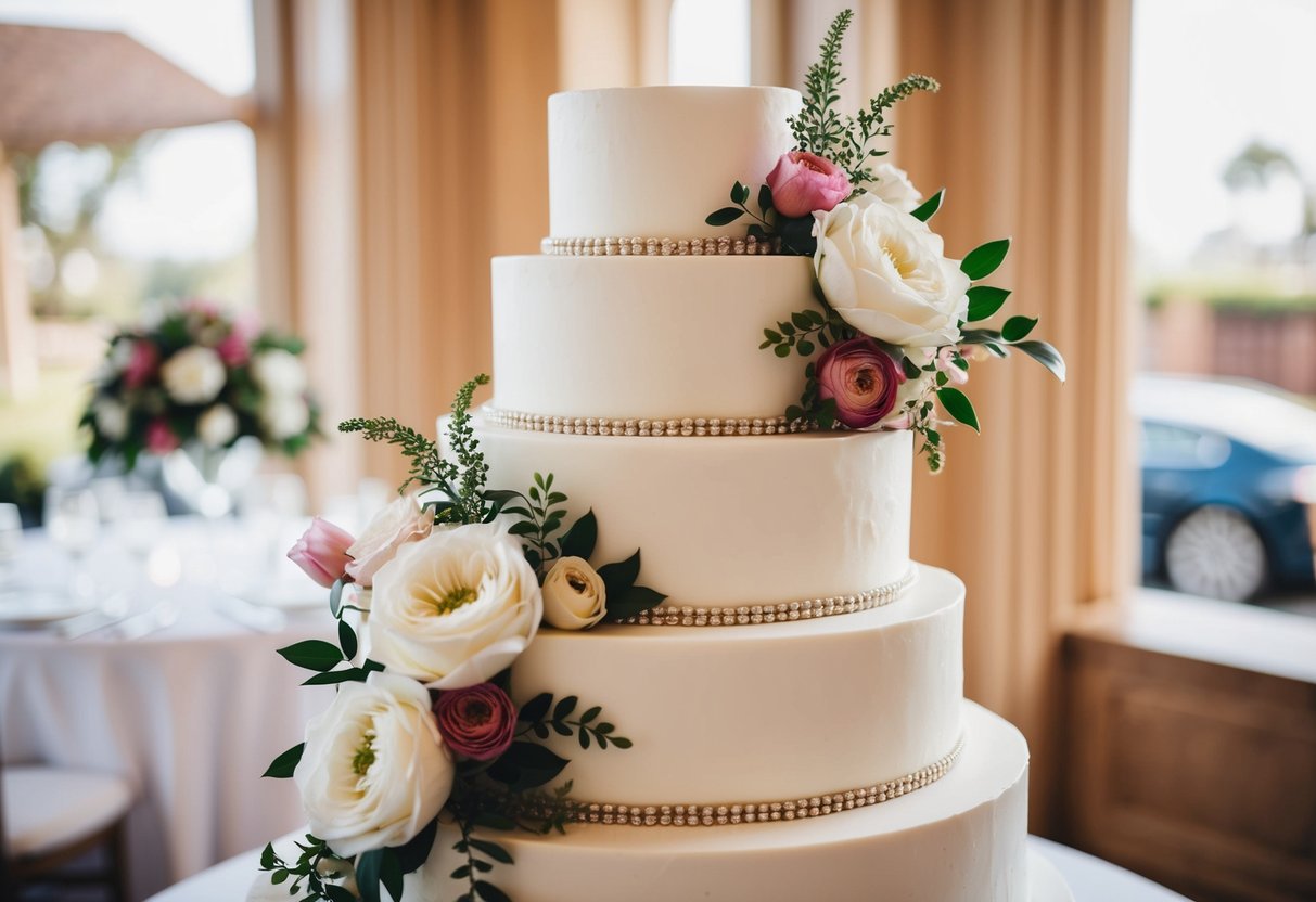 A tiered white wedding cake with intricate floral decorations