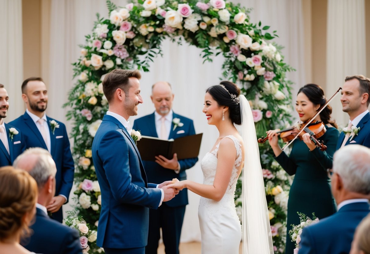 A bride and groom stand beneath a floral arch, exchanging vows as guests look on. A violinist plays softly in the background, adding to the romantic atmosphere