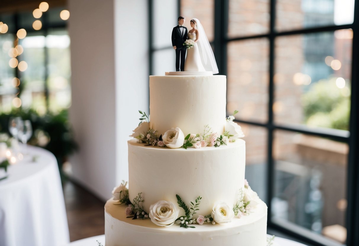 A three-tiered white wedding cake adorned with delicate floral decorations and a bride and groom cake topper