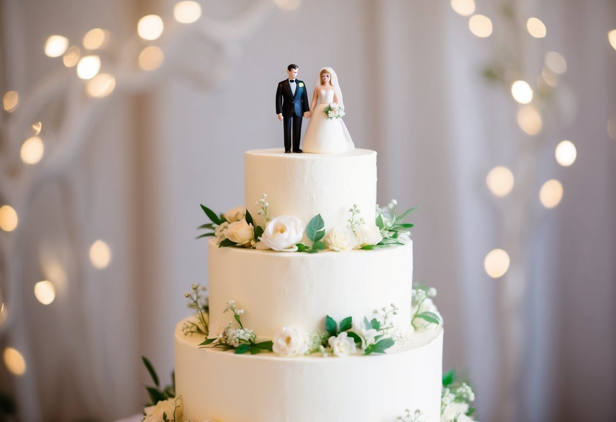 A tiered white wedding cake adorned with delicate floral decorations and topped with a miniature bride and groom figurine