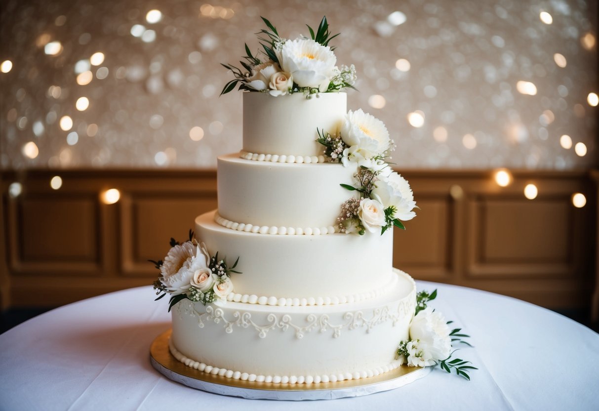 A tiered white wedding cake adorned with flowers and intricate icing designs