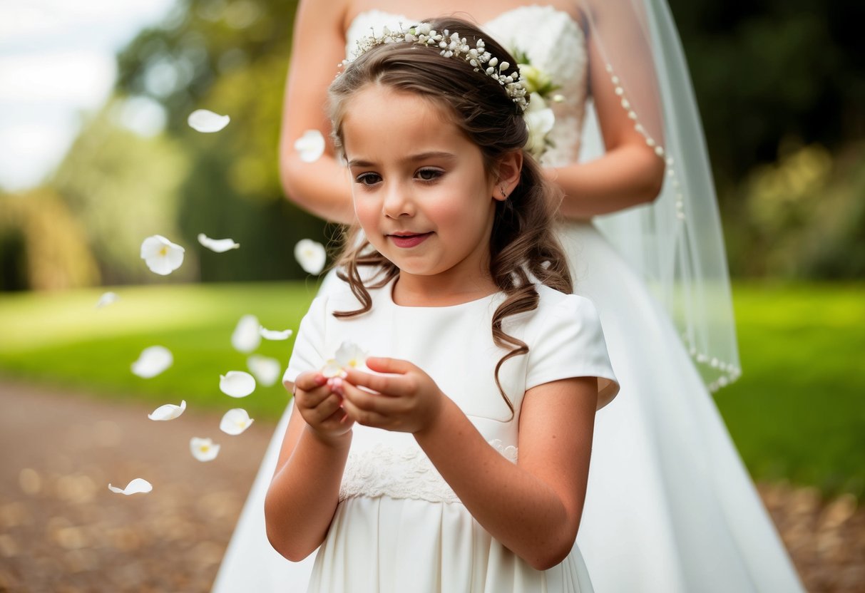 A flower girl scatters petals in front of the bride
