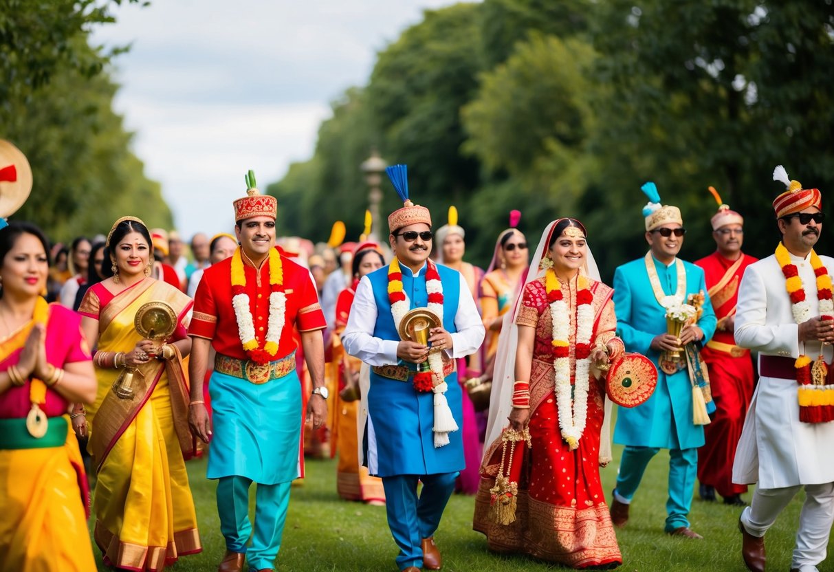 A colorful procession of family members and cultural representatives leads the bride, each carrying symbolic items or instruments