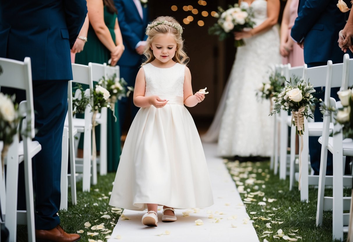 A flower girl scatters petals, leading the bride down the aisle