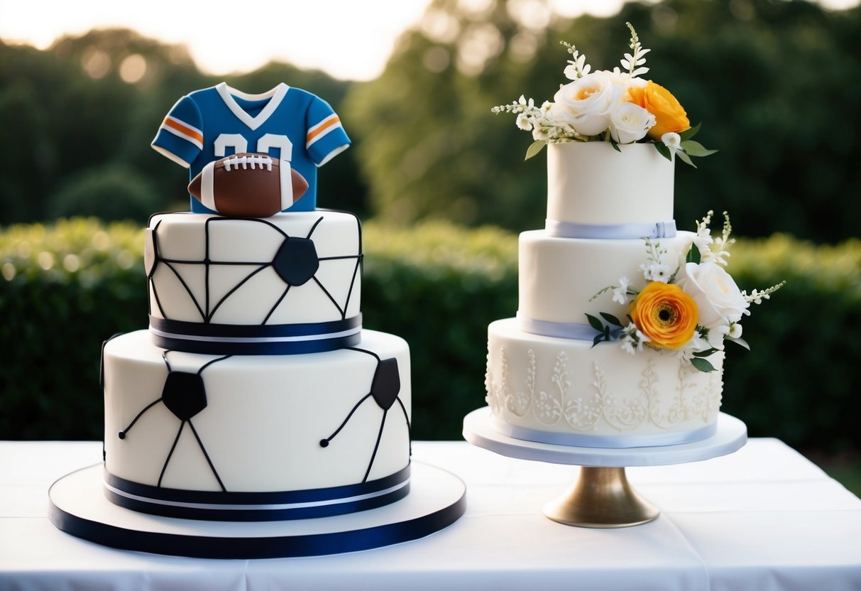 A groom's cake adorned with sports-themed decorations sits next to a traditional wedding cake with elegant floral designs