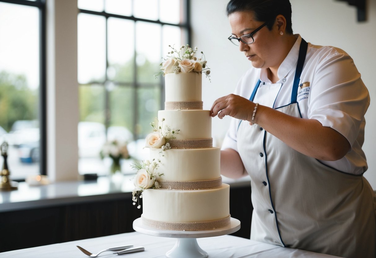 A baker carefully layers and decorates a three-tier wedding cake, meticulously adding intricate details and delicate embellishments