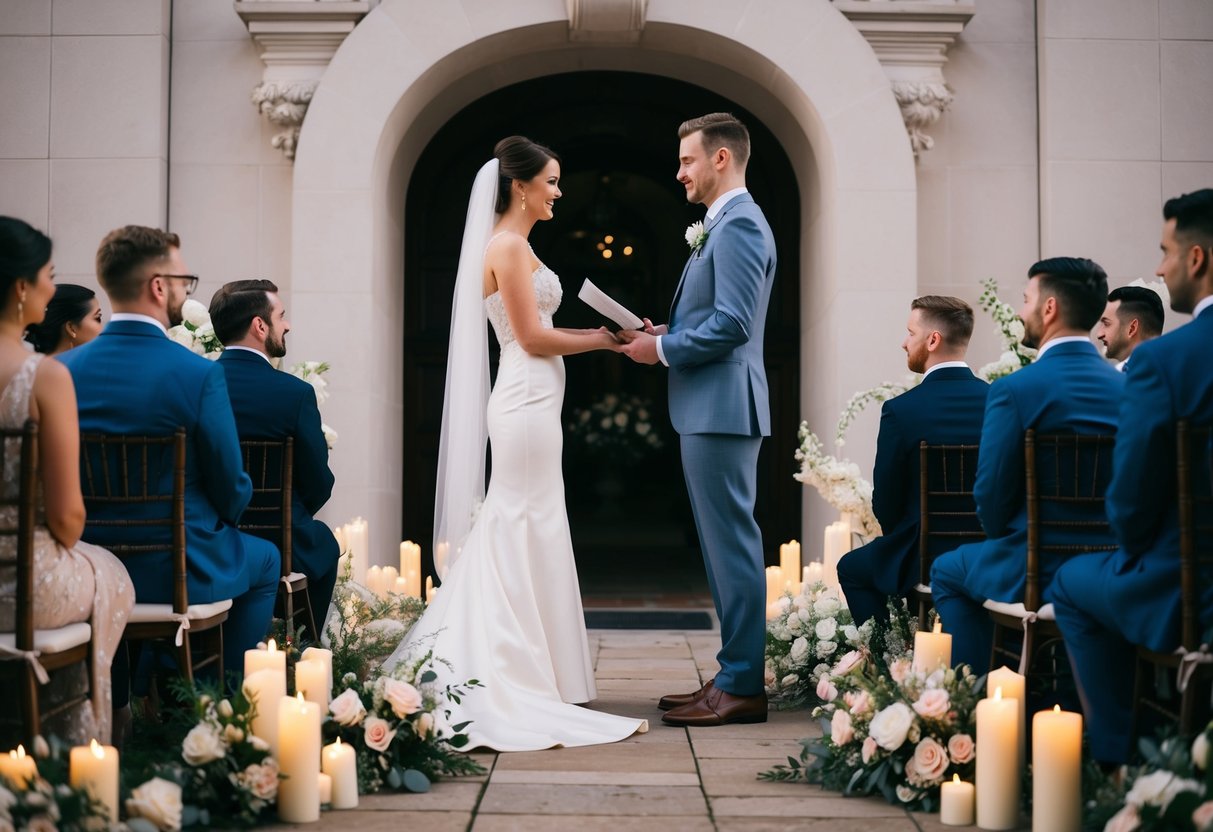 A couple stands facing each other, surrounded by flowers and candles, as they read their vows aloud
