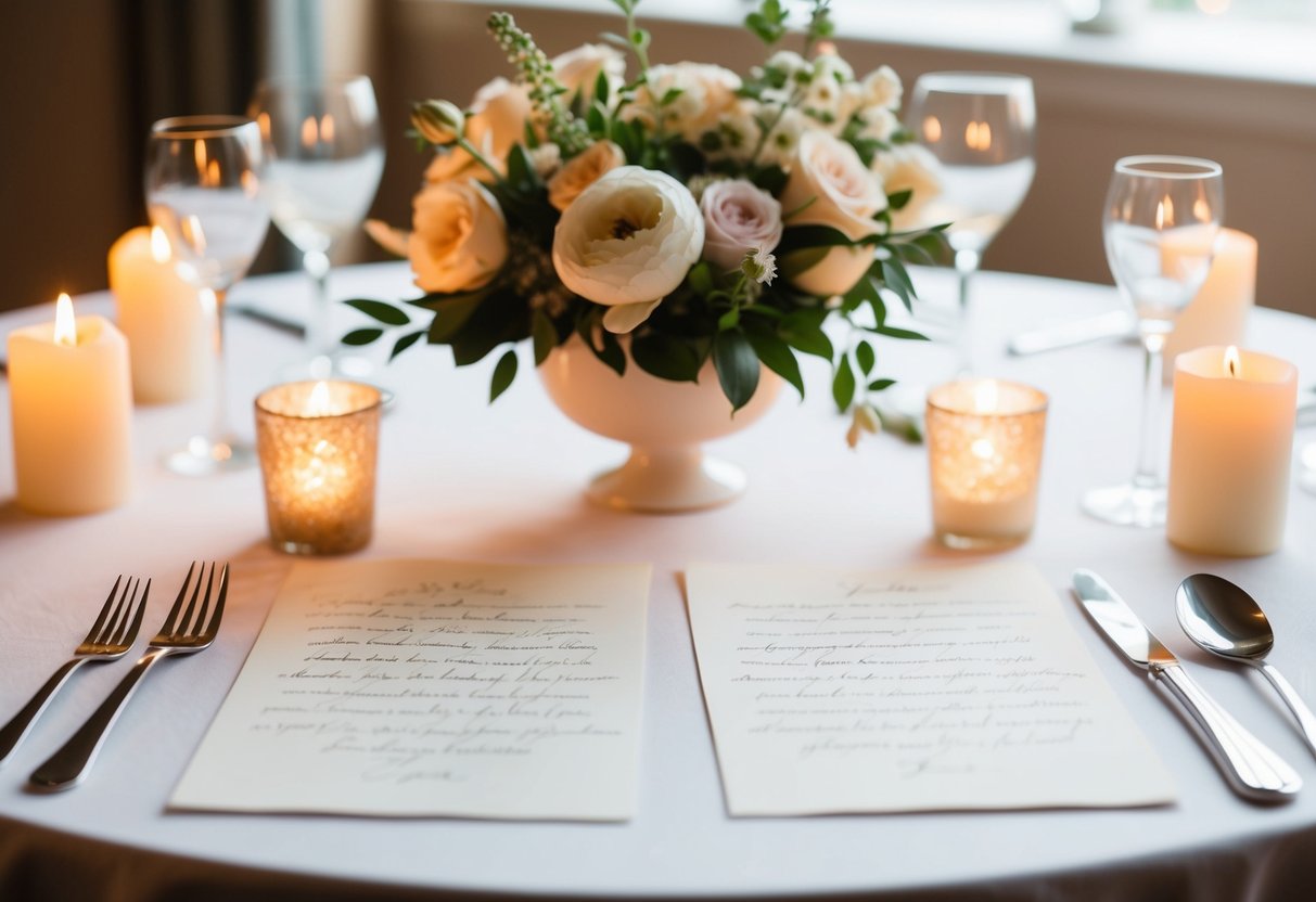 A table set with two elegant, handwritten vows, surrounded by soft candlelight and fresh flowers