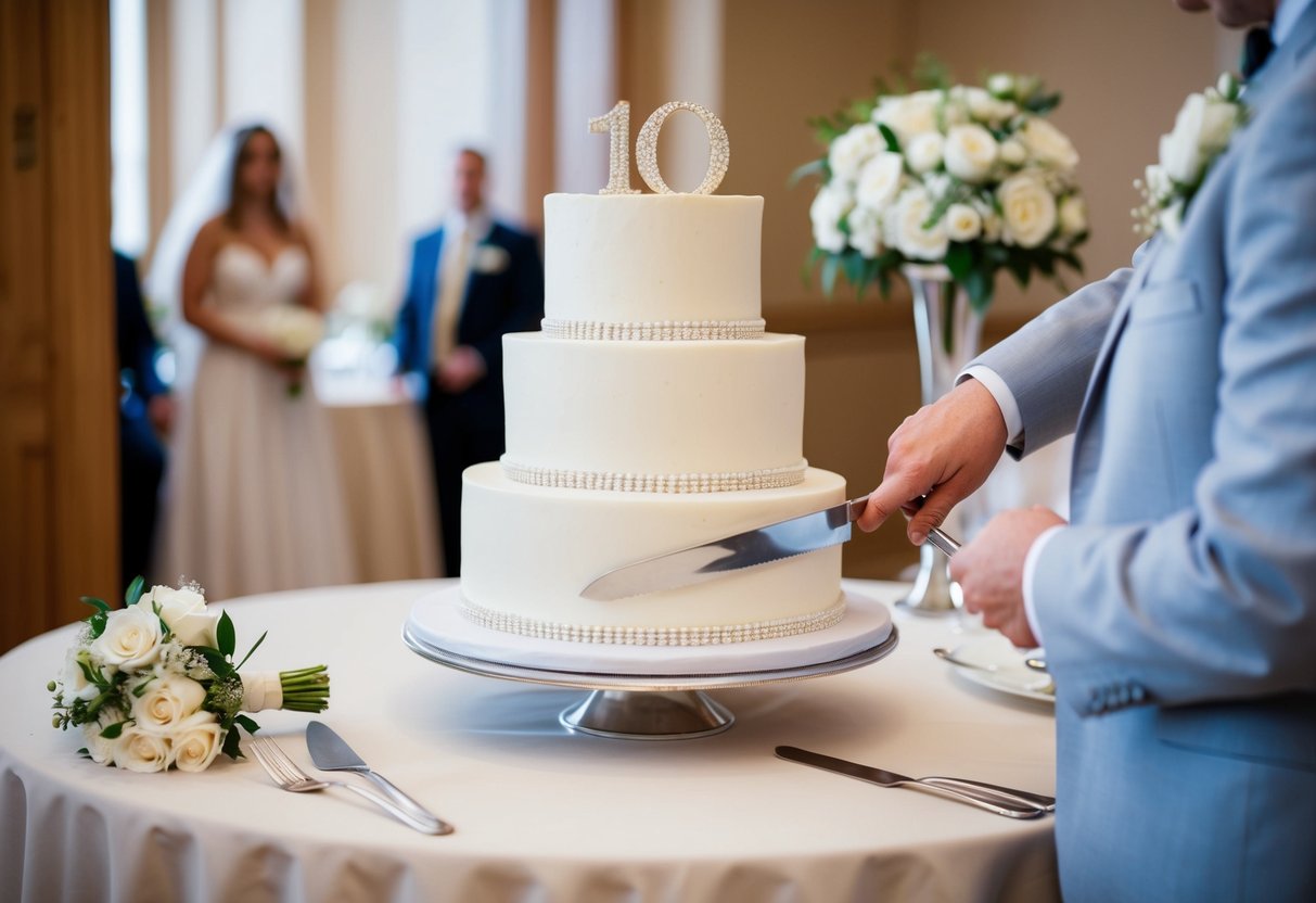 A three-tiered wedding cake being cut into slices for 100 people