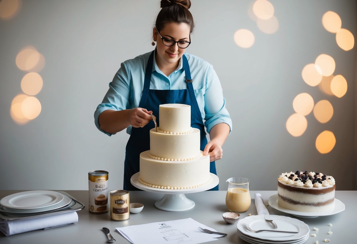 A baker measuring ingredients for a three-tiered wedding cake to serve 100 people, surrounded by various cake flavors and design sketches