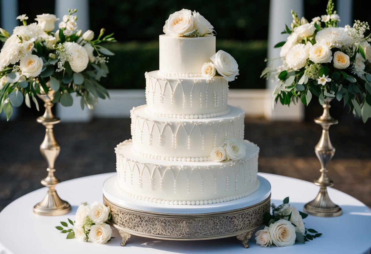 A tiered wedding cake with intricate details, surrounded by elegant floral arrangements and placed on a decorative stand