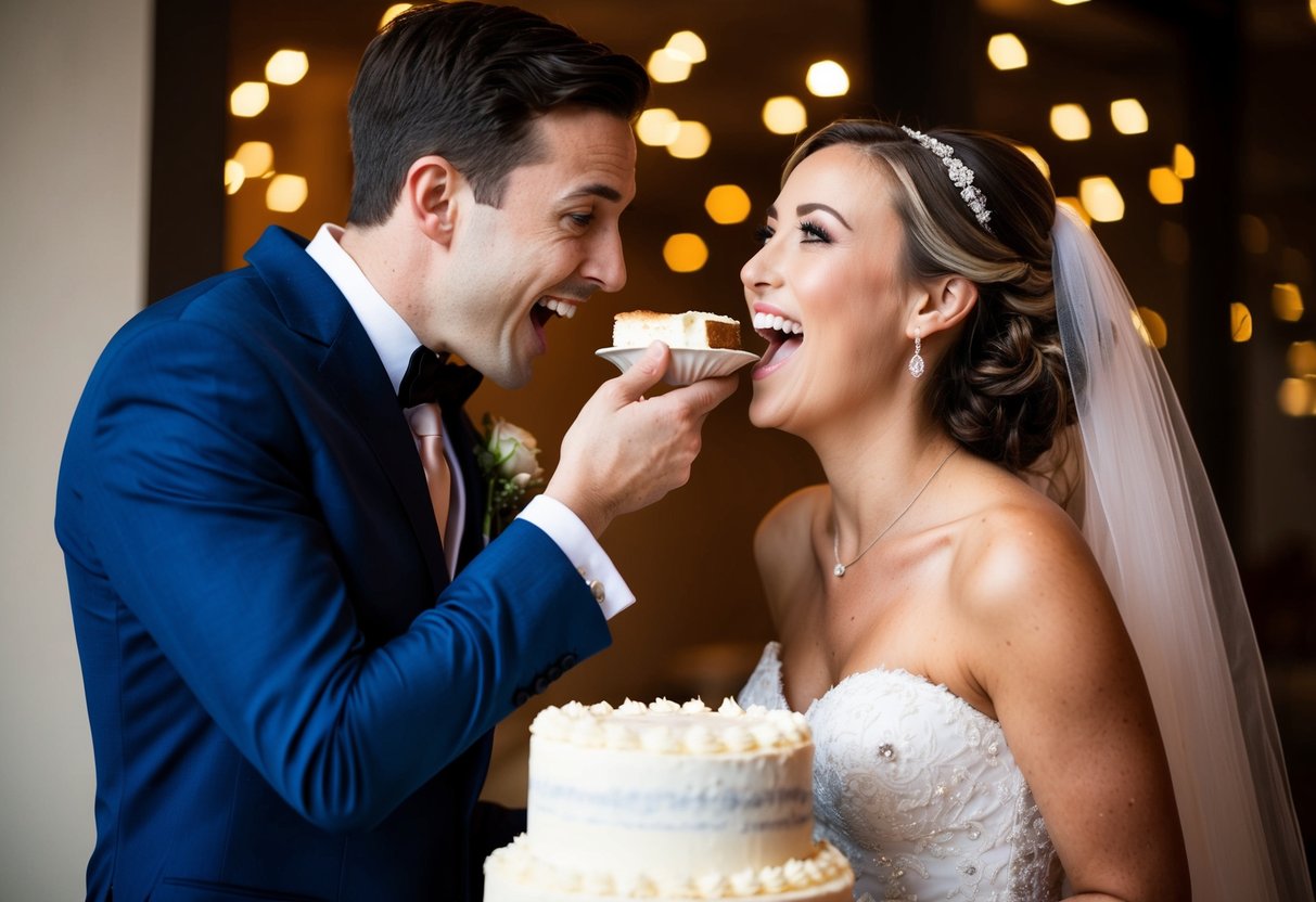 The bride and groom playfully feed each other cake
