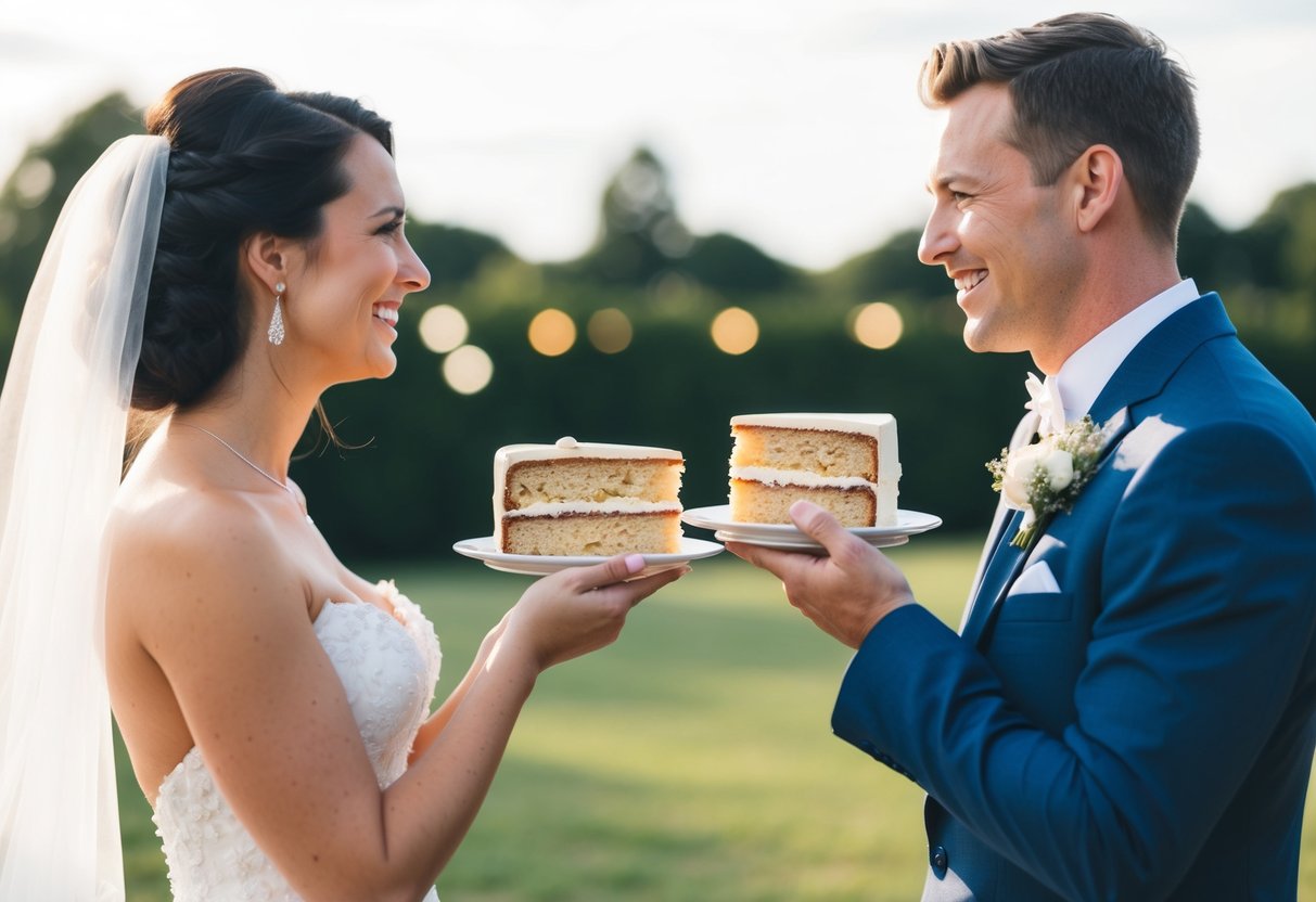 A bride and groom stand facing each other, holding cake slices. They smile as they prepare to feed each other a bite of cake