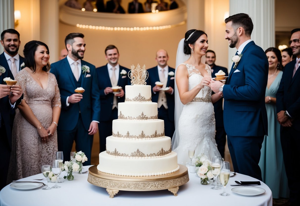 A tiered wedding cake with intricate decorations sits on a table, surrounded by guests. The bride and groom stand facing each other, holding cake slices