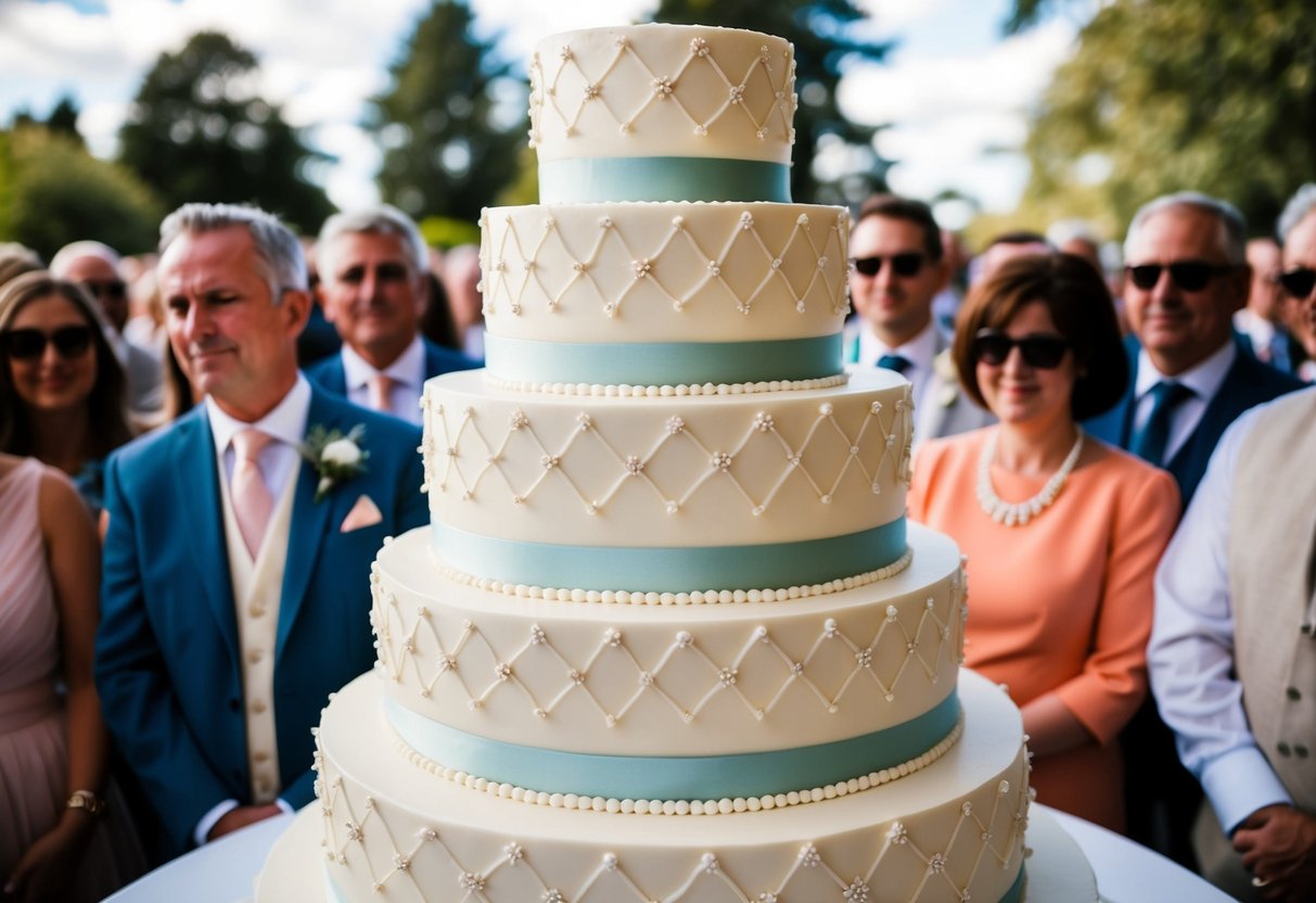 A tiered wedding cake with multiple layers and intricate decorations, surrounded by a crowd of guests