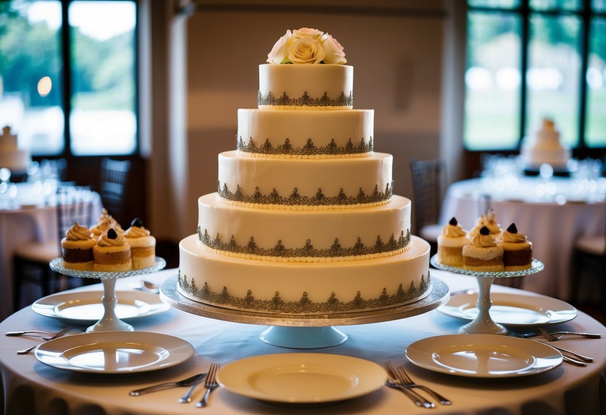 A tiered wedding cake with multiple layers, adorned with intricate decorations and surrounded by elegant cake stands and dessert plates