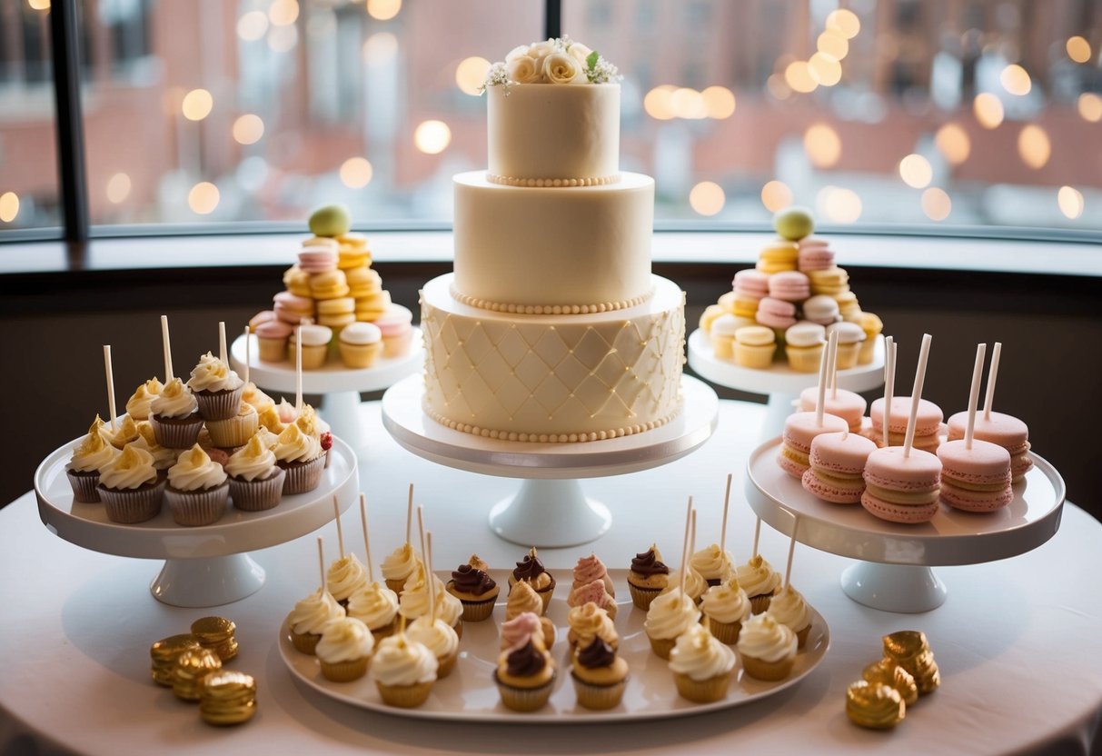 A wedding cake surrounded by a variety of alternative dessert options, such as cupcakes, macarons, and cake pops, displayed on a tiered dessert table