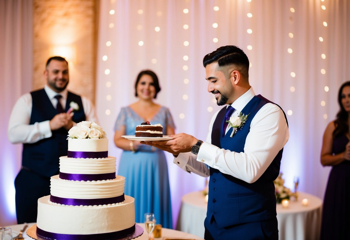 A cake being presented to the groom at the wedding reception