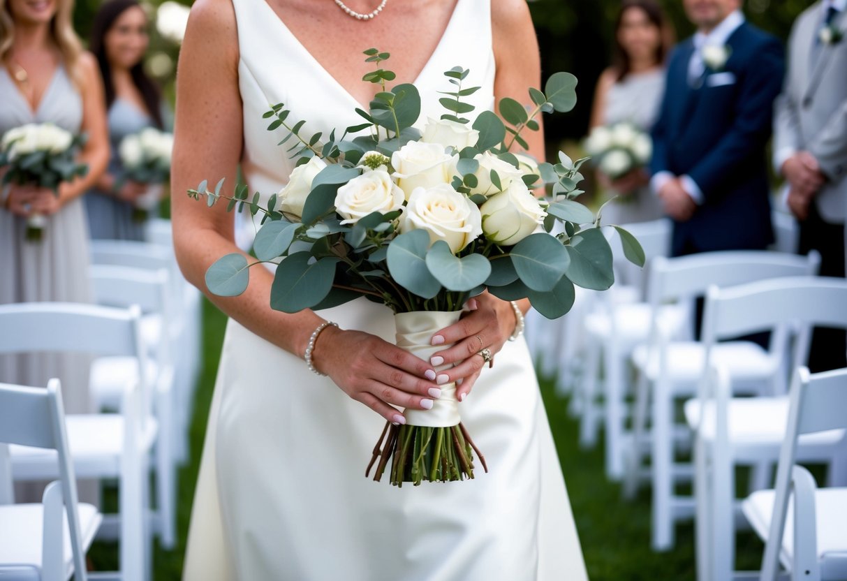 A bouquet of white roses and eucalyptus, wrapped in satin ribbon, is carried down the aisle by the mother of the bride