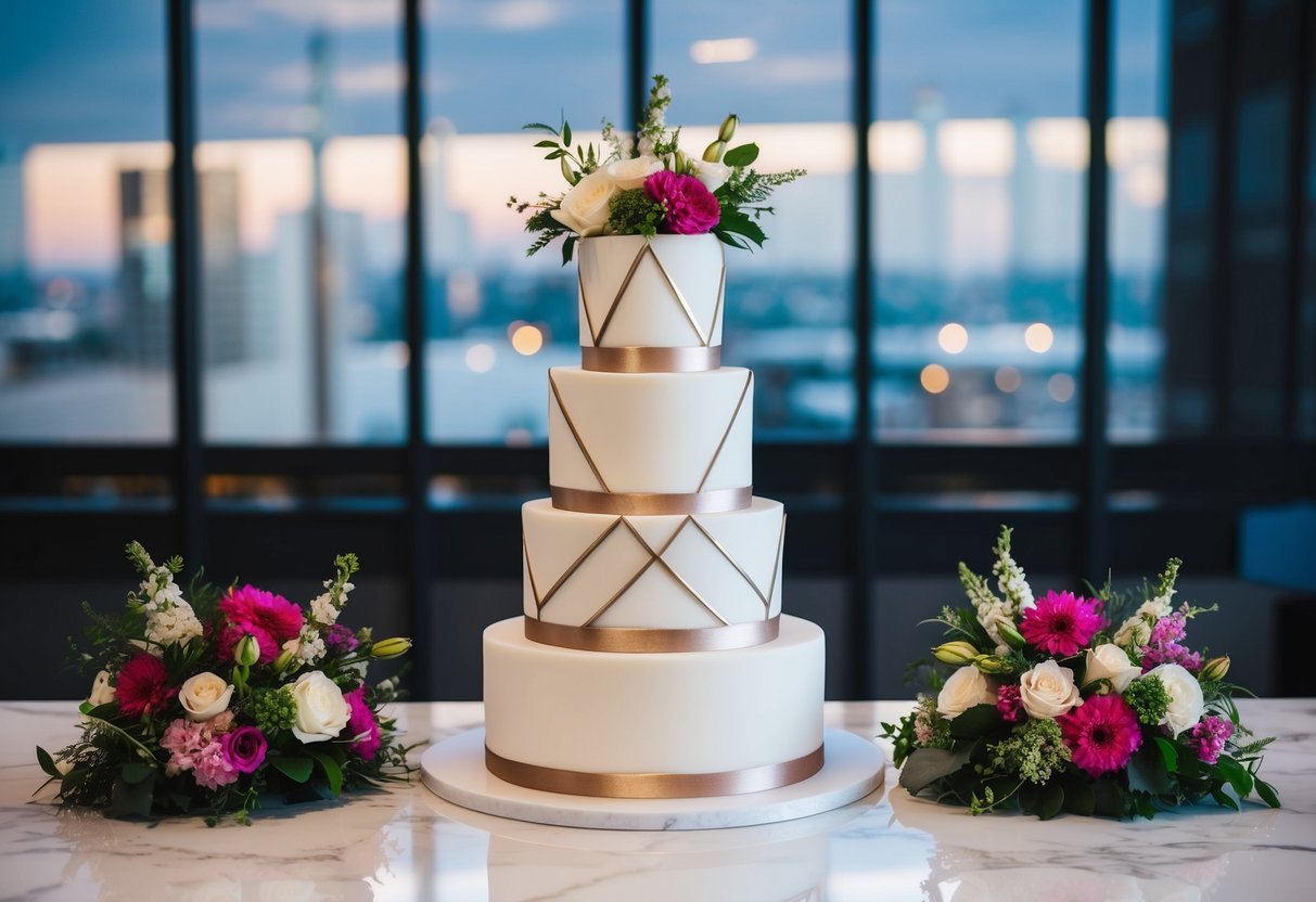 A modern groom's cake: a three-tiered geometric design with metallic accents, surrounded by vibrant floral arrangements and placed on a sleek marble table