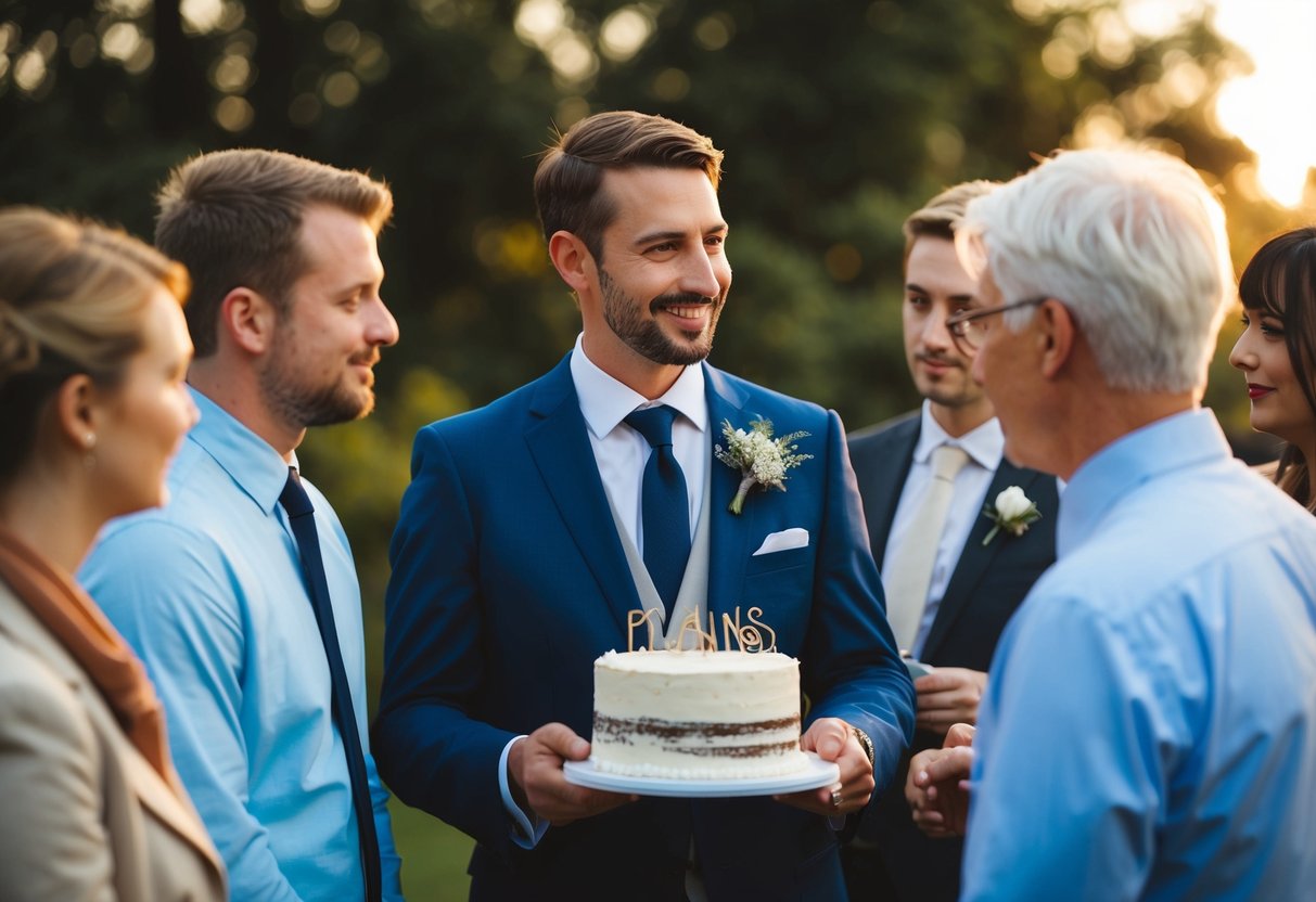 A groom holds a cake while discussing plans with a group of people