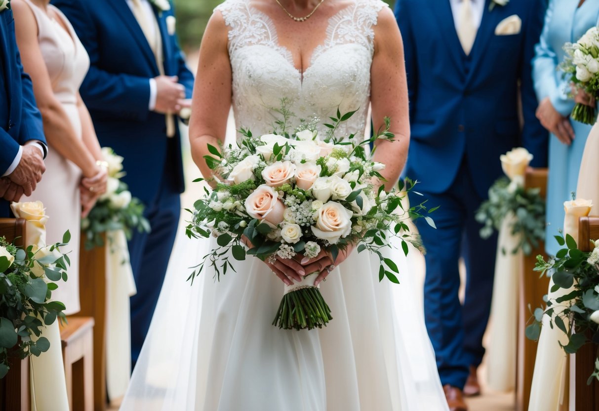 A delicate bouquet of flowers is carried down the aisle by the mother of the bride, symbolizing love and support