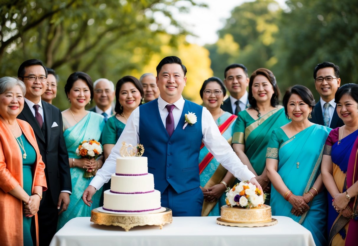 A groom stands in front of a table with a traditional wedding cake, surrounded by family and friends from different cultural backgrounds