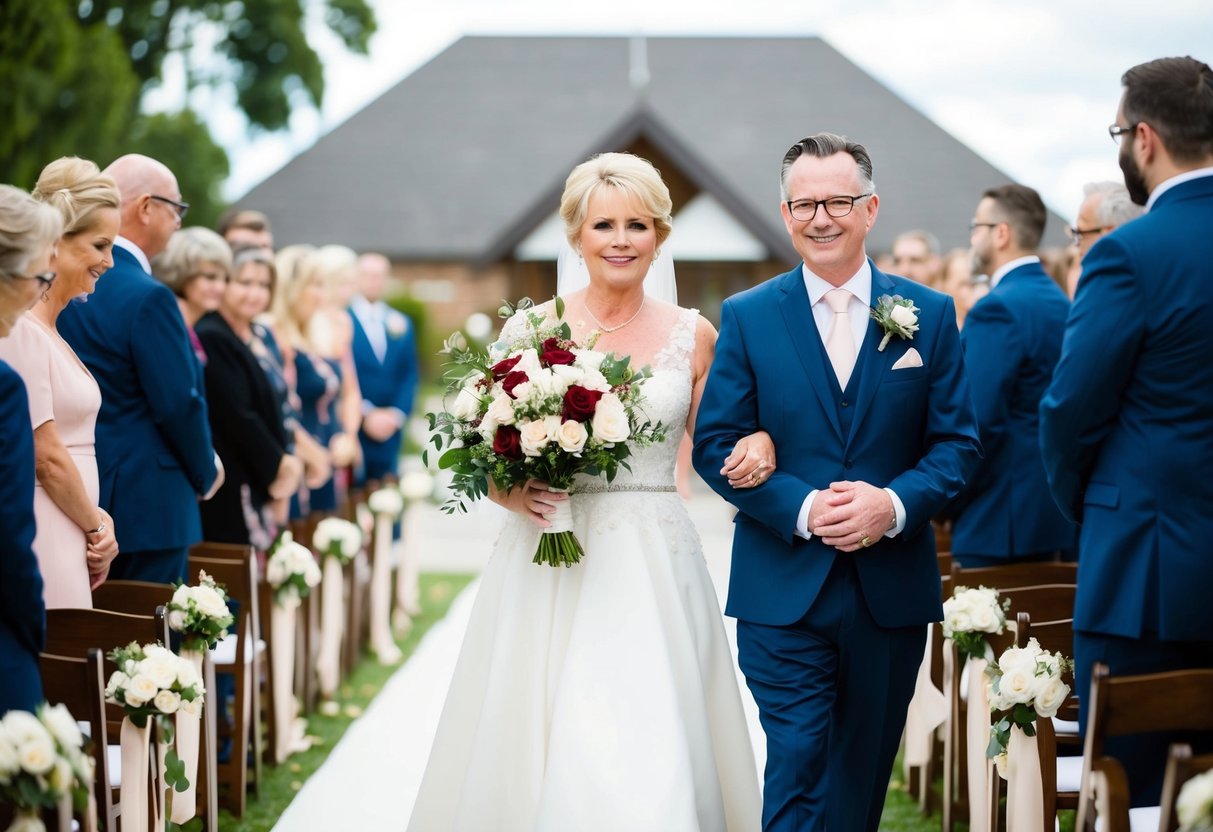 The mother of the bride carries a bouquet of flowers down the aisle