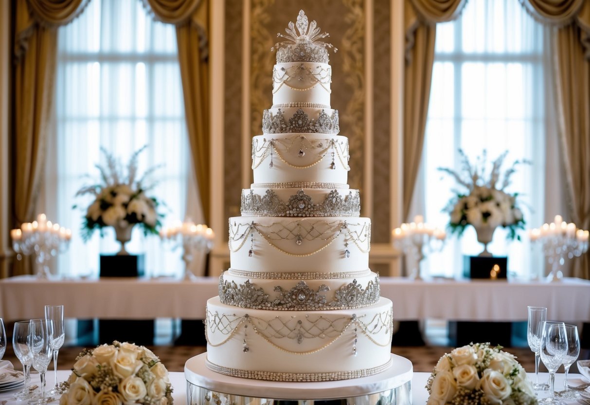 A lavish, towering wedding cake adorned with intricate details and sparkling jewels, set against a backdrop of opulent decor and elegant surroundings