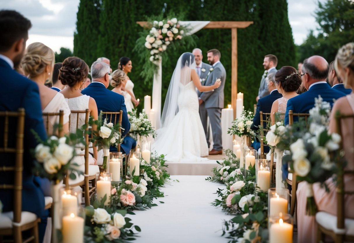 A wedding ceremony unfolding with a personalized touch, including elements such as flowers, candles, and decorative seating arrangements