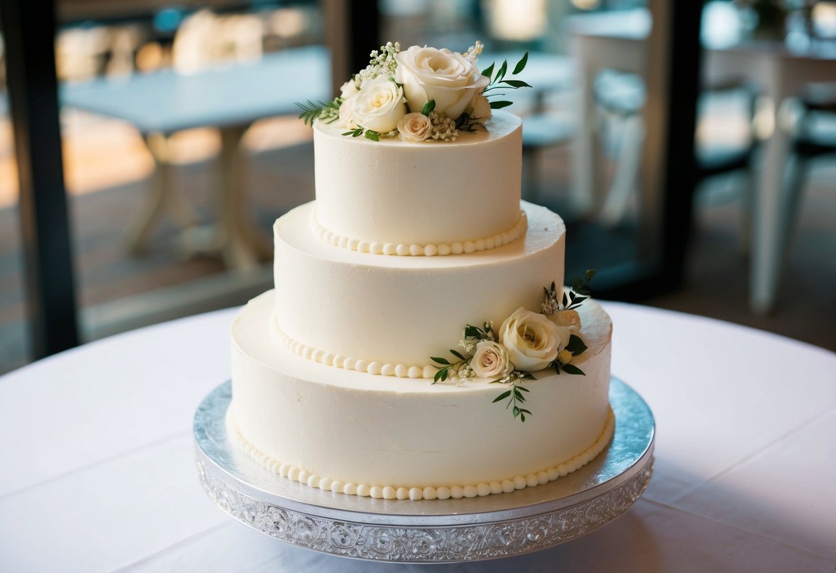 A three-tier wedding cake, 12", 9", and 6" in diameter, adorned with white frosting and delicate floral decorations, set on a decorative cake stand