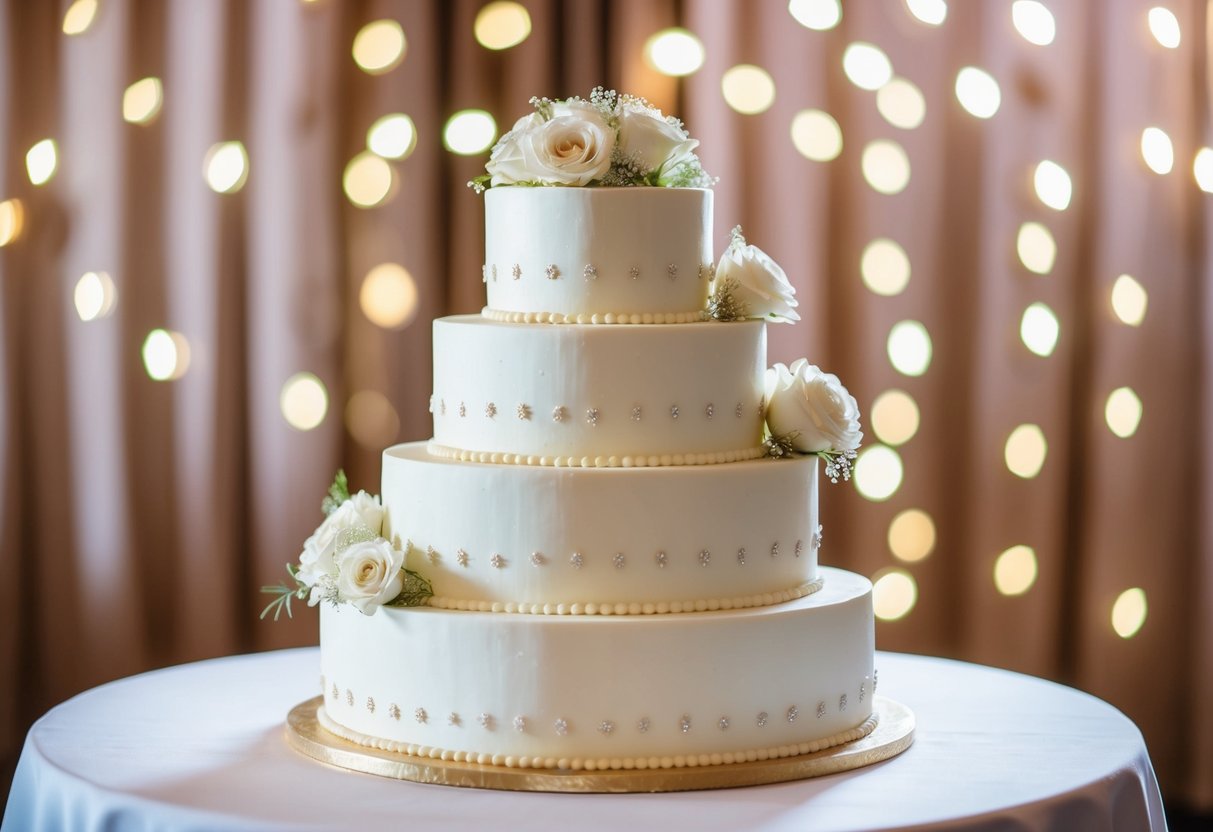 A three-tiered wedding cake with elegant decorations