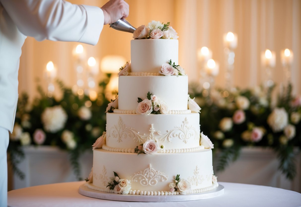 A three-tiered wedding cake being decorated with intricate floral designs and delicate piping, set against a backdrop of elegant wedding decor