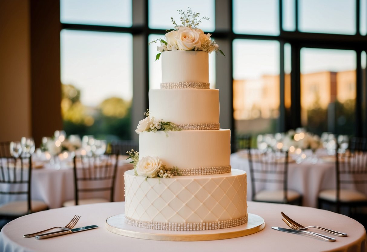 A three-tiered wedding cake with elegant decorations, serving 50 people