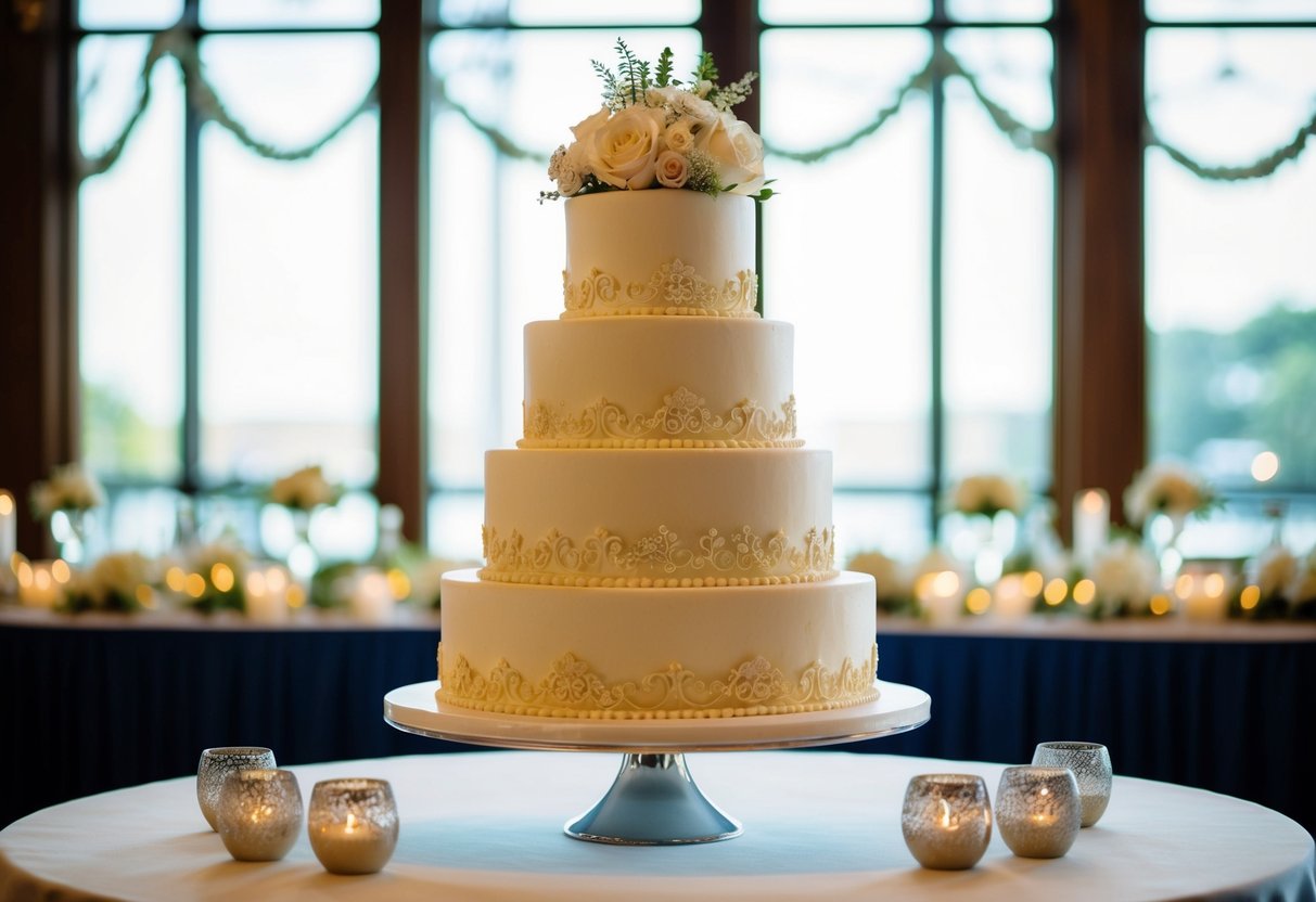 A three-tiered wedding cake stands adorned with intricate decorations, symbolizing the structural significance and traditional symbolism of the tiers