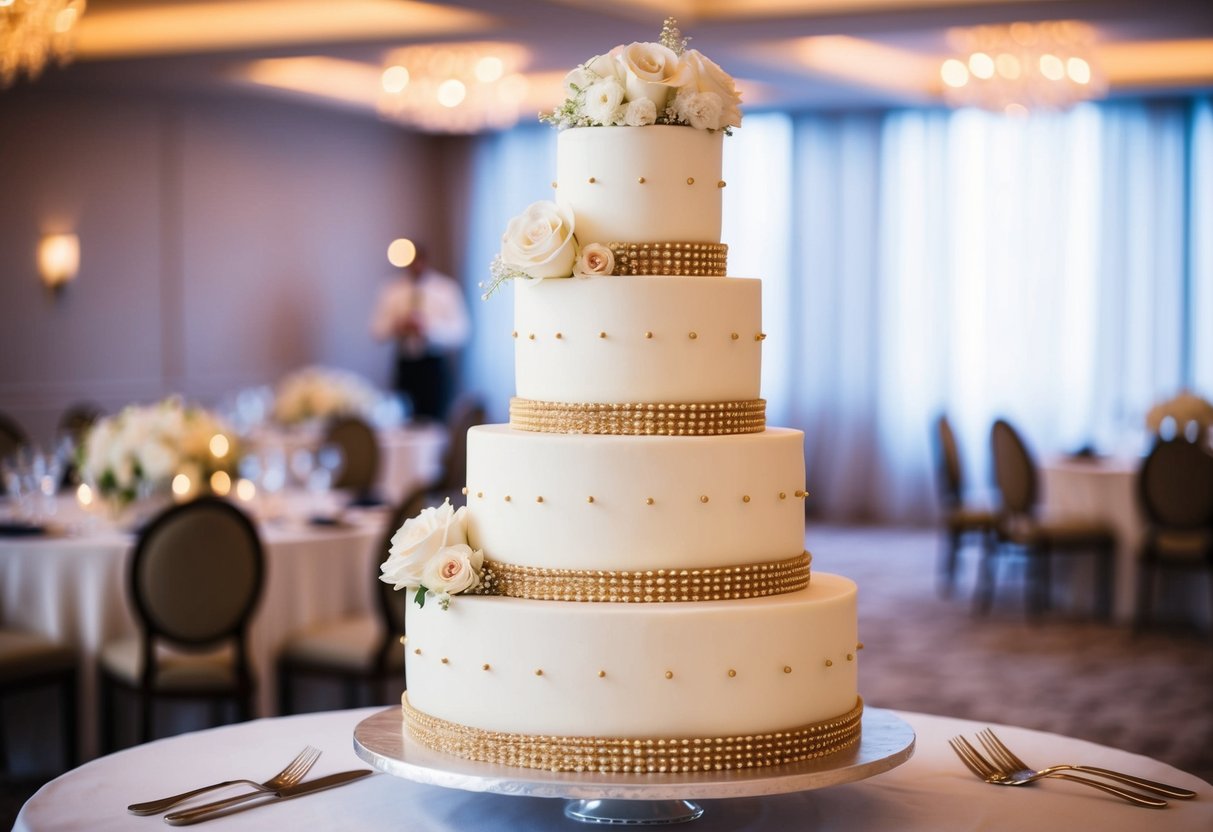 A three-tiered wedding cake with elegant decorations, serving 50 people