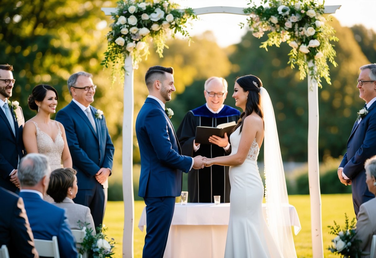 A couple standing at an altar, exchanging vows with a celebrant officiating, surrounded by family and friends in a beautiful outdoor setting