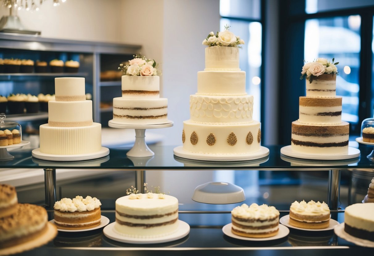 A display of wedding cakes in a bakery, with a variety of sizes and designs, including a few dummy cakes for decoration