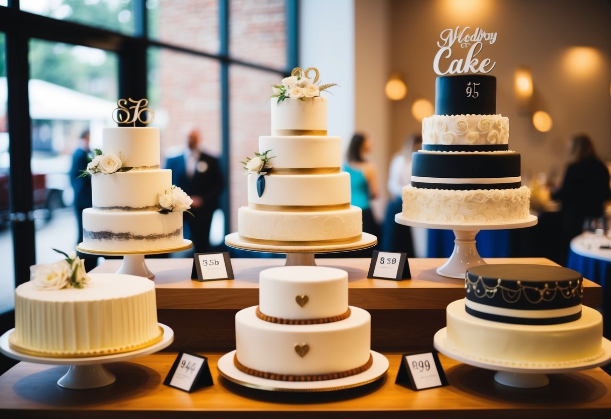 A display of various wedding cake designs with price tags