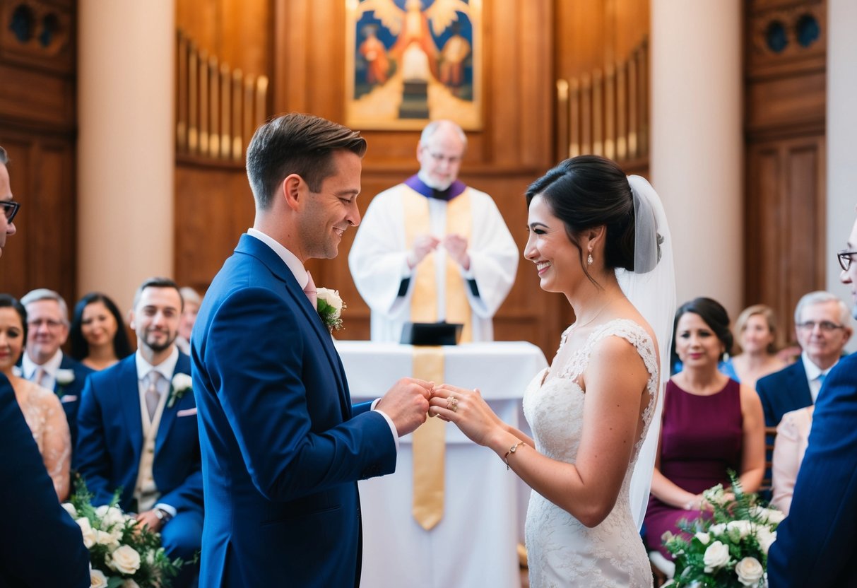 A wedding: couple exchanging rings. A wedding ceremony: guests seated, officiant at altar