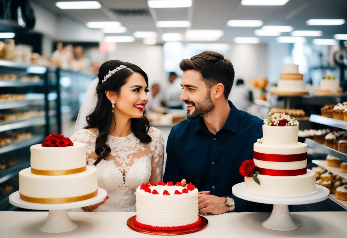 A couple comparing prices of wedding cakes at different bakeries