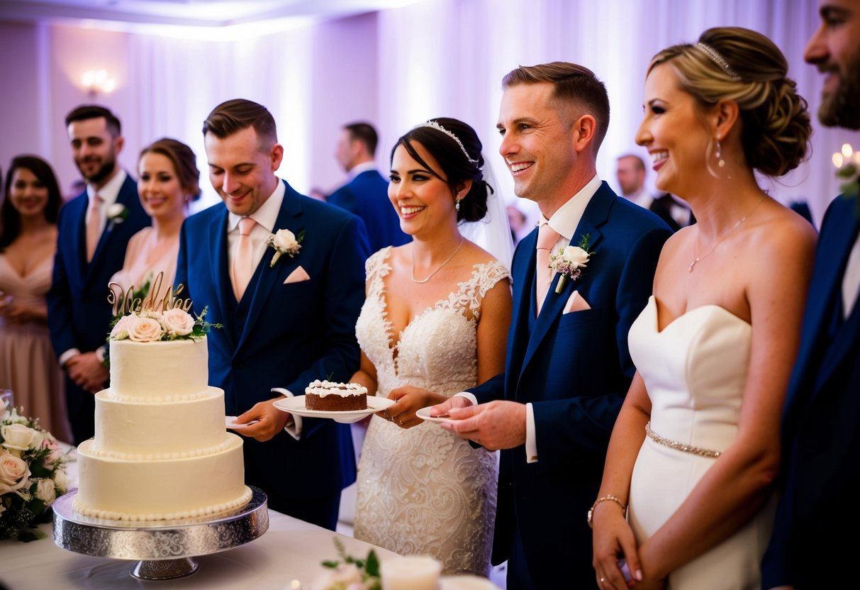 Wedding guests enjoy cake at the reception